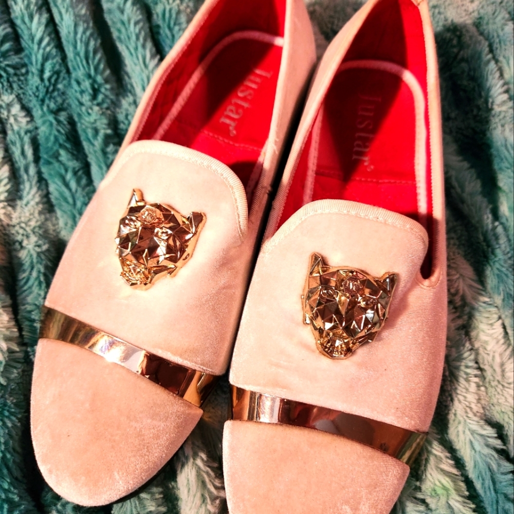 Justar Off-white Velvet Slip-on Loafers with Golden Leopard Head EU Sz 43